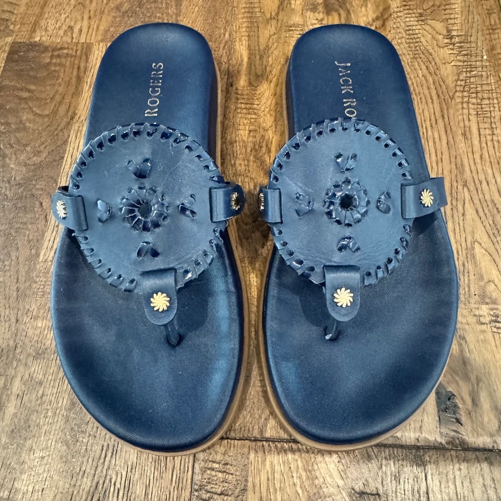 Jack Rogers Casual Footbed Collins Navy Leather Sandals Women Size 7.5 Medallion
